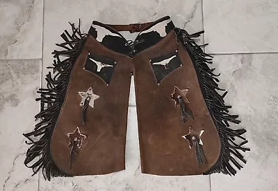 Vtg Suede Leather Small Cowboy Chaps Toddler Child Size Fringe Longhorn Cow • $95