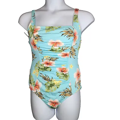 Via Marina Shirred Front One Piece Swimsuit Turquoise Floral Modest Size 16 • $18