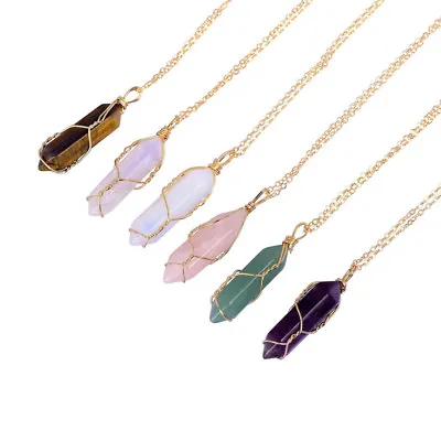 Natural Gemstone Chakra Healing Quartz Crystal Point Stone Bead Pendant Necklace • $7.99