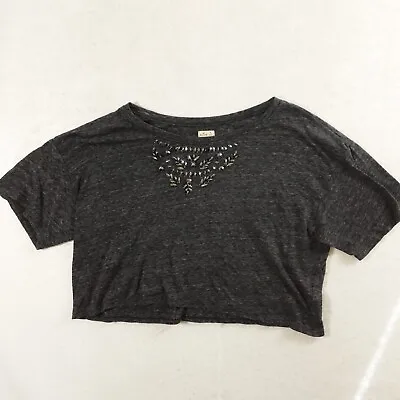 Hollister Shirt Womens Medium Black Beaded Midriff Heathered Top Blouse Work • $9.99