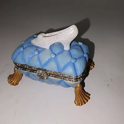 Vtg Blue Trinket Box W/ Gold Legs &Hinged Lid W/White Shoe Cinderella Princess • $11