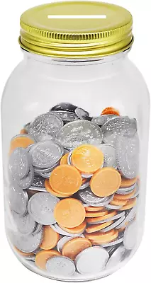 Mczcent Clear Glass Coin Bank Jar Clear Coin Money Tip Change Saving Piggy Jar • £13.44