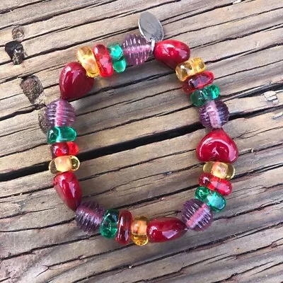 Millefiori Red Green Purple Stretch Bead Bracelet • £18.99