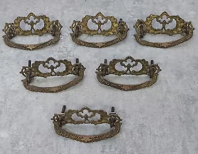 Antique Eastlake Drawer Pulls 3  Bore Gold Brass Set Of 6 Victorian Leaf Swag • $149.99