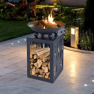 Black Square Cast Iron Fire Pit Bowl Outdoor Garden Heater Steel Log Storage • £64.99