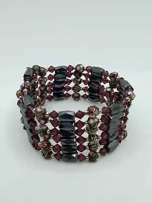 39  Magnetic Hematite Wrap Bracelet Purple Faceted Glass Accents Enamel • $13.96