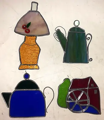 (4) Vintage Stained Glass Coffee Tea Grist Mill Pot Sun Catcher Table Lamp 7.5 ! • $24.99