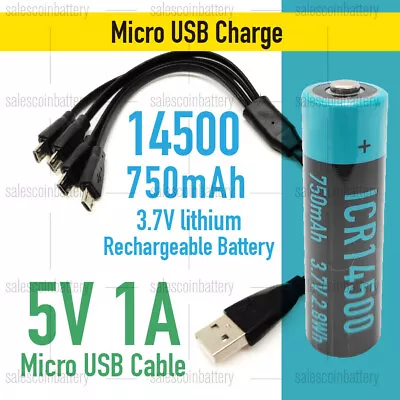 AA Size 3.7V 14500 750mAh Rechargeable Lithium Battery Micro USB Port W/ Cable • $18.25