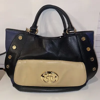 $49 • Buy EMMA FOX Black Purse Satchel Handbag Tote Hobo Leather Goldtone Studs 12” VGC