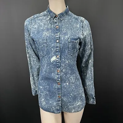 Everyday Wear Shirt L Womens Blue Denim Acid Wash Look Long Sleeves Pockets • £15.46