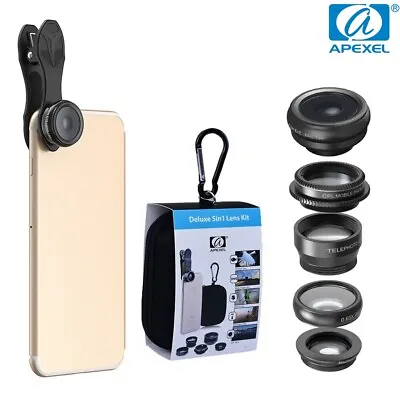 APEXEL 5in1 Lens Kit 198° Fisheye 15x Macro 2x Telephoto Lens For IPhone Android • £15.99