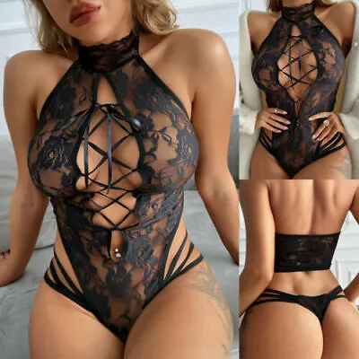 £3.92 • Buy Women Ladies Fishnet Bodysuit Sexy Lace Up Lingerie Babydoll Underwear Plus Size