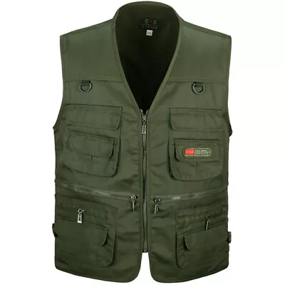 Mens Multi Pocket Vest Hiking Hunting Fishing Waistcoat Body Warmer Gilet Jacket • £9.88