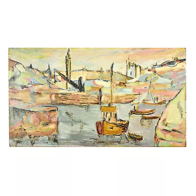 Vintage Midcentury Modern Abstract Oil Painting Port Of Cornwall Signed • $395