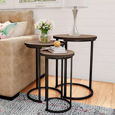 Round Nesting Tables-Set Of 3 Woodgrain Look Accent Or End Tables • $89.99