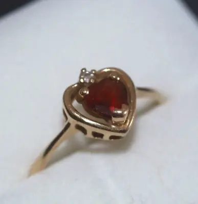 Lovely Vintage 14k Yellow Gold Garnet And Accent Diamond Heart Ring Size 7.25 • $99.99