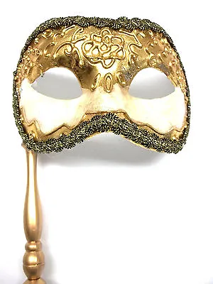 Gold Leaf Off White Antique Masquerade Mask Paper Mache Mardi Gras Stick • $19.99