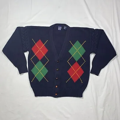 VTG 90s GAP Mens Cardigan Sweater Blue Diamond Argyle Knit Wood Button Small • $38.99