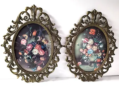 Pair Floral Pictures Oval Ornate Frames Convex Glass 13x10  Italy Vintage • $79