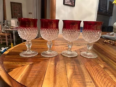 Vintage Indiana Glass Ruby Red Flash Kings Crown Diamond Point Set Of 4 Goblets • $25