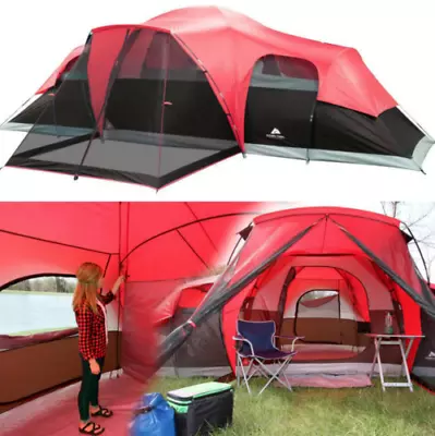 Large Outdoor Camping Tent 10-Person 3-Room Cabin Screen Porch Waterproof Red • $74.30