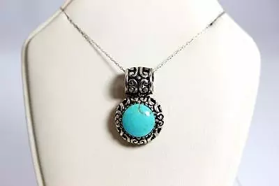 Nice Vintage Sterling Silver Scroll Work Mexico Turquoise Pendant 1.25” – 10748 • $54.99