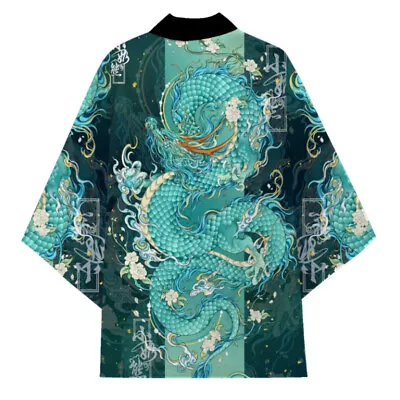 Men Japanese Loose Kimono 3/4 Sleeve Open Front Coat Bathrobe Yukata Dragon Coat • $22.29