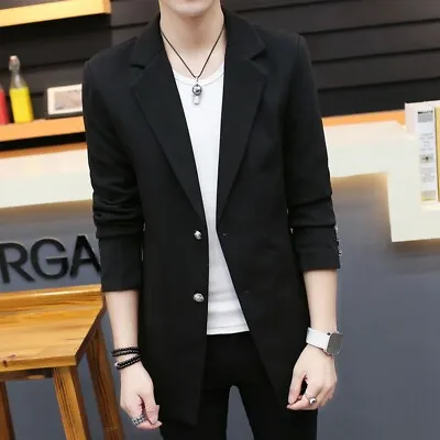 $63.99 • Buy Korean Men's Slim Fit Two Buttons Blazer Jacket Long Sleeve Lapel Business Coat 