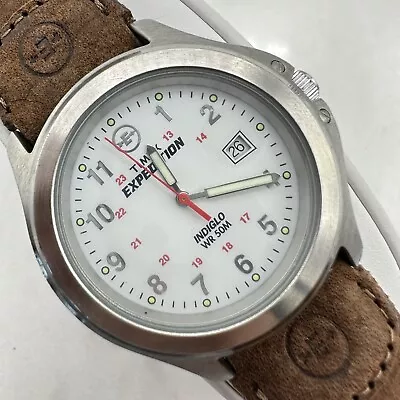 Men's TIMEX Expedition Silver Tone Brown Leather Field Watch Indiglo T44381 • $26.99