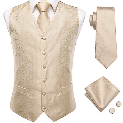 Mens Formal Wedding Waistcoat Floral Paisley Suit Vest Slim Tuxedo Silk Tie Set • $18.99