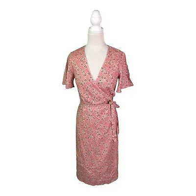 Stevie May Midi Wrap Dress Size S Pink Floral Print Short Sleeve Linen Blend • $59.95