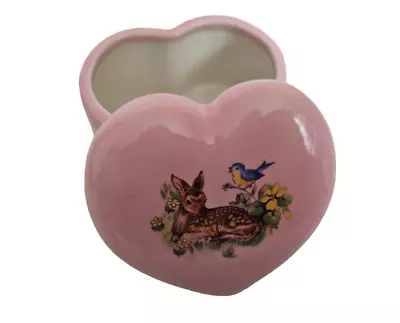 Vtg '80s Pink Ceramic Heart Shaped Ceramic Trinket Box Bambi/Deer & Blue Bird • $18