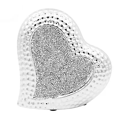 16x7cm Standing Silver Heart Decor Diamante Table Centrepiece Ceramic Gift Idea • £9.95