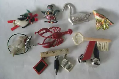 8 Vintage Celluloid Plastic Bird Lobster Key Penguin School Swan Pin Brooch Lot • $39.99