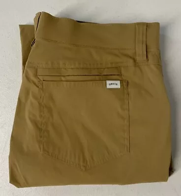 ORVIS Men's Tech Pant Water Resistant Stretch Fabric TAN Zip Pocket 34x29 Nylon • $26.59