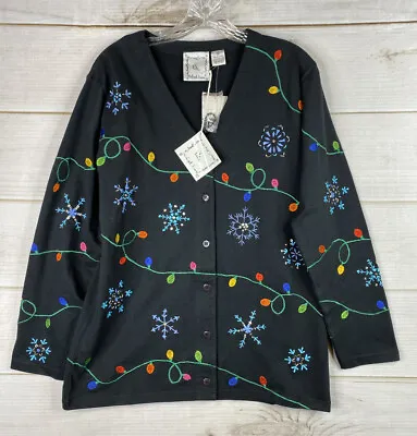 Vtg Michael Simon Lite Cardigan Womens S Black Embroidered Christmas Lights NWT • $64.30