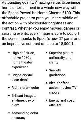  Epson Home Cinema 6100 Projector • $200