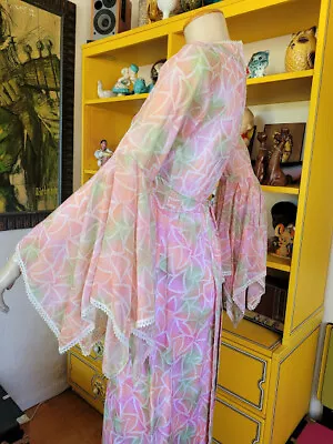 Vintage 70s Scarf Angel Slv Woodstock Hippie Maxi Pink Fairycore Dress S/M • $195