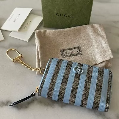 NIB Gucci Love Parade Striped Zip Around Card Case Coin Blue Wallet GG Signature • $450