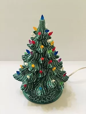 Vintage Ceramic Light Up Green Christmas Tree With Holly Base 10  Tall • $48