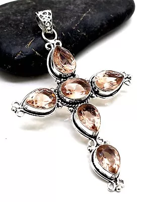 925 Sterling Silver Morganite Gemstone Handmade Jewelry Cross Pendant Size-3 • $14.53