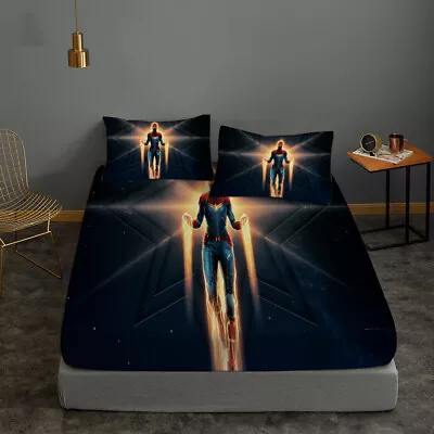 Captain Marvel Bedding Set 3PCS Fitted Sheet Deep Pocket Sheet Two Pillowcases • $62.99