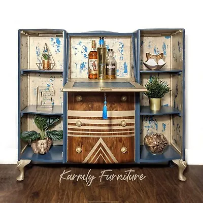 £795 • Buy Drinks Cabinet, Vintage Geometric Gin Bar, Blue & Gold Cocktail Unit
