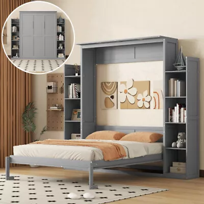 Queen Size Murphy Wall Bed With Storage Bookshelves LED Lights Wood Cabinet Bed • $1339.99