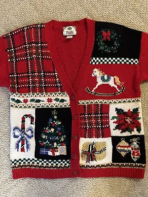 Vintage Tiara International Christmas Red Cardigan Sweater Size XL Holiday EUC • $25