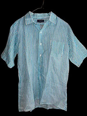 Men’s Mazda Turquoise Button Front Short Sleeve Stripe Shirt Large Dad 70s VTG • $28.72