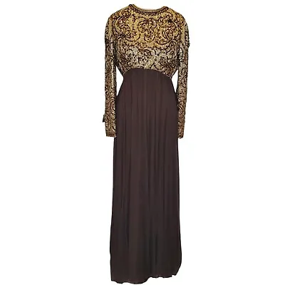 Vintage 60s Couture Silk Beaded Dress Gown Gold Brown Longsleeve Medium Read Des • $199.99