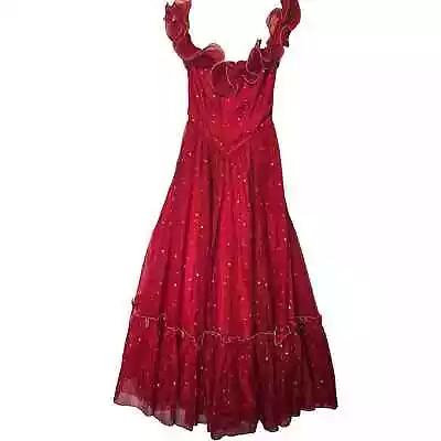 Vintage 80s Red Dress Size Small Polka Dot Ruffles Full Prom Evening Maxi Retro • $100