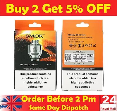 SMOK V8 BABY Q2 Coils 0.4Ohm EU Core Big Baby Beast Pack Of 3 100% Authentic UK • £4.75