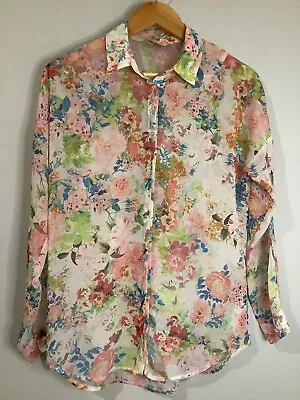 $14 • Buy BERSHKA Size Small Lightweight Floral Shirt Blouse Top Sleeves Concealed Buttons